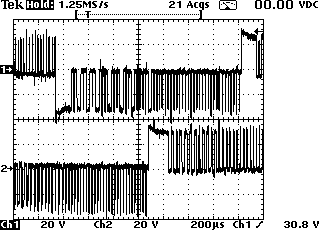 30V, 5A, 16 mikrokroků, 21000kroků/sec., slow decay - napětí na vinutí detail