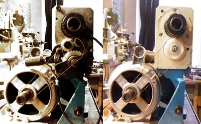 Bohužel pro využití původního převodu nevhodné viz. červené čáry možného řemene - zasahují do mechanického přepínání otáček :-(