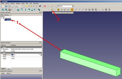 Přepneme se do modulu FEM. 1 - ve stromě označíme díl. 2 - klikneme na ikonu A.